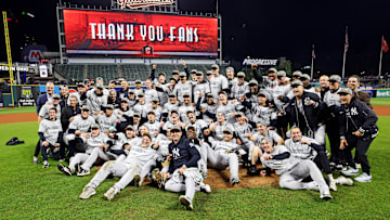 Oct 19, 2024; Cleveland, Ohio, USA; The New York Yankees celebrates after beating the Cleveland Guardians during game five of the ALCS for the 2024 MLB playoffs at Progressive Field. 