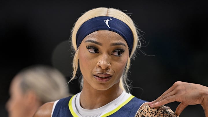 Aug 1, 2025; Dallas, Texas, USA; Dallas Wings guard DiJonai Carrington (21) during the game between the Dallas Wings and the Indiana Fever at the American Airlines Center. Mandatory Credit: Jerome Miron-Imagn Images
