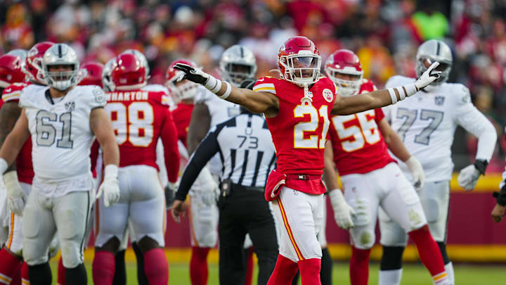 Kansas City Chiefs safety Justin Reid (20) reacts after a missed field goal by the Las Vegas Raiders during the second half at GEHA Field at Arrowhead Stadium. 