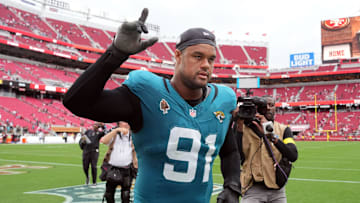 Sep 28, 2025; Santa Clara, California, USA; Jacksonville Jaguars defensive tackle Arik Armstead (91) after the game against the San Francisco 49ers at Levi's Stadium. Mandatory Credit: Darren Yamashita-Imagn Images