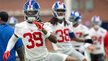 New York Giants cornerback Fortune O’Donnell (39) warms up (39) warms up during Mandatory Minicamp at Quest Diagnostics Giants Training Center in East Rutherford on Tuesday, June 17, 2025.
