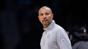 Mar 8, 2025; Charlotte, North Carolina, USA; Brooklyn Nets head coach Jordi Fernandez loos on during the first quarter against the Charlotte Hornets at Spectrum Center. Mandatory Credit: Scott Kinser-Imagn Images