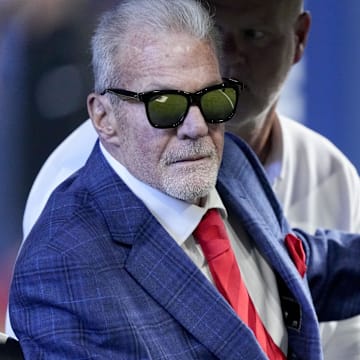 Oct 20, 2024; Indianapolis, Indiana, USA; Indianapolis Colts owner Jim Irsay sits in a golf cart during a Ring of Honor ceremony for Dallas Clark during a game against the Miami Dolphins at Lucas Oil Stadium. Mandatory Credit: Grace Hollars/IndyStar USA TODAY Network via Imagn Images