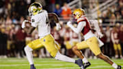 Nov 1, 2025; Chestnut Hill, Massachusetts, USA; Notre Dame Fighting Irish running back Jeremiyah Love (4) runs with the ball to score a 94 yard touchdown in the fourth quarter against the Boston College Eagles at Alumni Stadium. Mandatory Credit: Edward Finan-Imagn Images