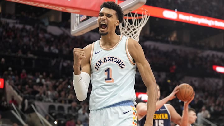 Jan 4, 2025; San Antonio, Texas, USA; San Antonio Spurs center Victor Wembanyama (1) reacts after drawing a foul while scoring against the Denver Nuggets during the first half at Frost Bank Center. Mandatory Credit: Scott Wachter-Imagn Images