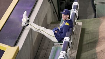 Milwaukee Brewers pitcher Nick Mears (25) watches from the bullpen during the fifth inning of their game against the Arizona Diamondbacks Wednesday, August 27, 2025 at American Family Field in Milwaukee, Wisconsin.