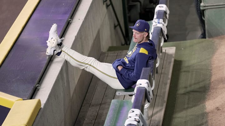 Milwaukee Brewers pitcher Nick Mears (25) watches from the bullpen during the fifth inning of their game against the Arizona Diamondbacks Wednesday, August 27, 2025 at American Family Field in Milwaukee, Wisconsin.