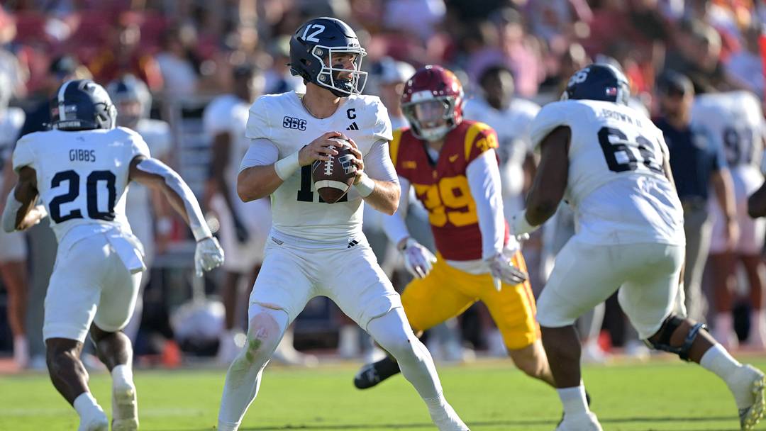 Sep 6, 2025; Los Angeles, California, USA;  Georgia Southern Eagles quarterback JC French IV (12) throws a pass during the first half against the USC Trojans at United Airlines Field at Los Angeles Memorial Coliseum. Mandatory Credit: Jayne Kamin-Oncea-Imagn Images