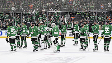 May 29, 2025; Dallas, Texas, USA; The Dallas Stars skate off the ice after losing to the Edmonton Oilers in game five of the Western Conference Final of the 2025 Stanley Cup Playoffs at American Airlines Center. Mandatory Credit: Jerome Miron-Imagn Images