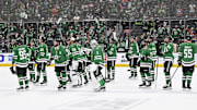 May 29, 2025; Dallas, Texas, USA; The Dallas Stars skate off the ice after losing to the Edmonton Oilers in game five of the Western Conference Final of the 2025 Stanley Cup Playoffs at American Airlines Center. Mandatory Credit: Jerome Miron-Imagn Images