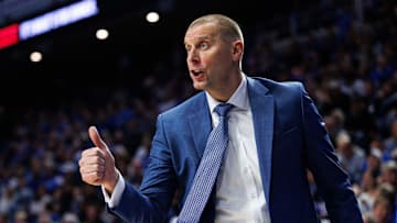 Nov 21, 2025; Lexington, Kentucky, USA; Kentucky Wildcats head coach Mark Pope gives a thumbs up from the sideline during the first half against the Loyola (MD) Greyhounds at Rupp Arena at Central Bank Center. Mandatory Credit: Jordan Prather-Imagn Images