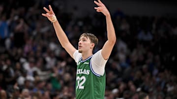 Nov 12, 2025; Dallas, Texas, USA; Dallas Mavericks forward Cooper Flagg (32) celebrates a three point basket by guard Max Christie (not pictured) against the Phoenix Suns during the second half at the American Airlines Center. Mandatory Credit: Jerome Miron-Imagn Images
