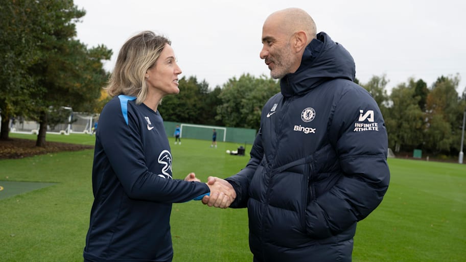 Sonia Bompastor (left) and Enzo Maresca shaking hands.