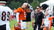 Bengals Joe Burrow takes a break from the heat during the first day of Bengals training camp on Wednesday July 24, 2024.