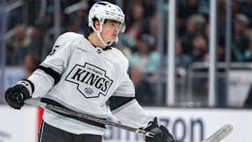 Jan 18, 2025; Seattle, Washington, USA;  Los Angeles Kings forward Alex Turcotte (15) is pictured during a game against the Seattle Kraken at Climate Pledge Arena. Mandatory Credit: Stephen Brashear-Imagn Images