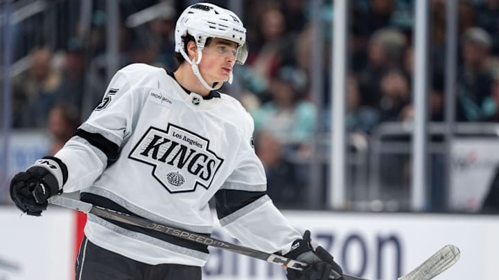 Jan 18, 2025; Seattle, Washington, USA;  Los Angeles Kings forward Alex Turcotte (15) is pictured during a game against the Seattle Kraken at Climate Pledge Arena. Mandatory Credit: Stephen Brashear-Imagn Images