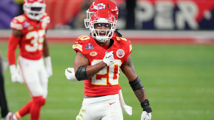 Feb 11, 2024; Paradise, Nevada, USA; Kansas City Chiefs safety Justin Reid (20) reacts after a play against the San Francisco 49ers during the second quarter of Super Bowl LVIII at Allegiant Stadium. Mandatory Credit: Kyle Terada-USA TODAY Sports