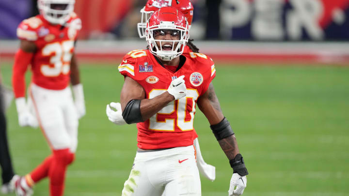 Feb 11, 2024; Paradise, Nevada, USA; Kansas City Chiefs safety Justin Reid (20) reacts after a play against the San Francisco 49ers during the second quarter of Super Bowl LVIII at Allegiant Stadium. Mandatory Credit: Kyle Terada-USA TODAY Sports