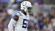 Indianapolis Colts defensive end Kwity Paye (51) yells after recovering a second-quarter fumble on a strip by teammate defensive tackle Taven Bryan (96) on Sunday, Sept. 24, 2023, at M&T Bank Stadium in Baltimore.