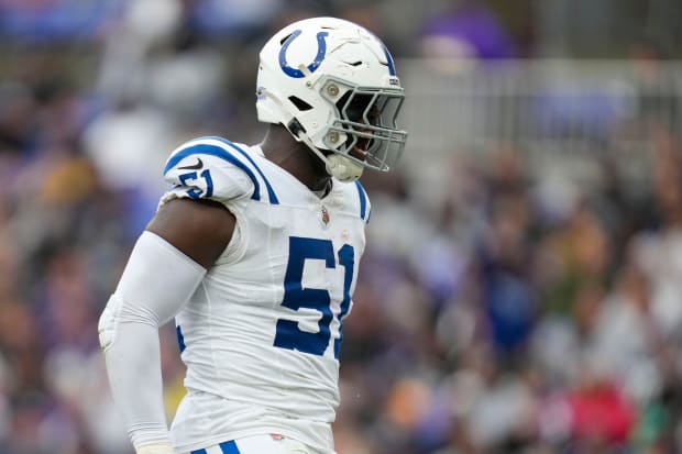 Indianapolis Colts defensive end Kwity Paye (51) yells after recovering a second quarter fumble on a strip by teammate defensive tackle Taven Bryan (96).