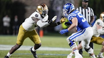 Sep 30, 2023; Durham, North Carolina, USA; Notre Dame Fighting Irish defensive lineman Nana Osafo-Mensah (31) against Duke Blue Devils offensive lineman Brian Parker II (53).