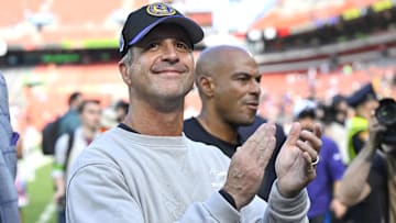 Oct 1, 2023; Cleveland, Ohio, USA; Baltimore Ravens head coach John Harbaugh walks off the field after a win over the Cleveland Browns at Cleveland Browns Stadium. Mandatory Credit: David Richard-Imagn Images