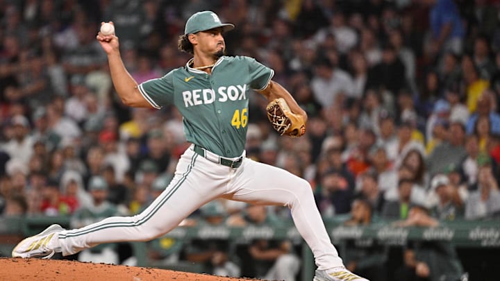 Aug 29, 2025; Boston, Massachusetts, USA; Boston Red Sox relief pitcher Jordan Hicks (46) pitches against the Pittsburgh Pirates during the eighth inning at Fenway Park. Mandatory Credit: Eric Canha-Imagn Images