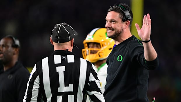 Oct 18, 2024; West Lafayette, Indiana, USA; Oregon Ducks head coach Dan Lanning talks to the referees against Purdue