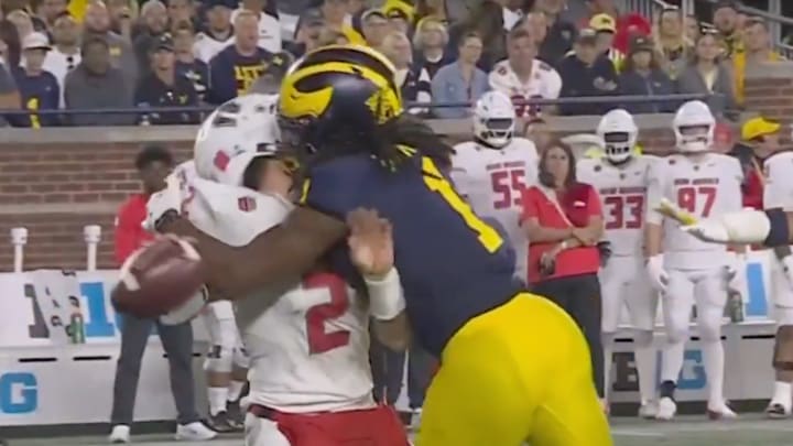 Michigan's Jaishawn Barham was ejected from last week's game for his hit on New Mexico's quarterback. Michigan's Jaishawn Barham was ejected from last week's game for his hit on New Mexico's quarterback.