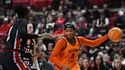 Oklahoma State's Micah Gray dribbles against Texas Tech in a Big 12 women's basketball game Saturday, Jan. 25, 2025, at United Supermarkets Arena.