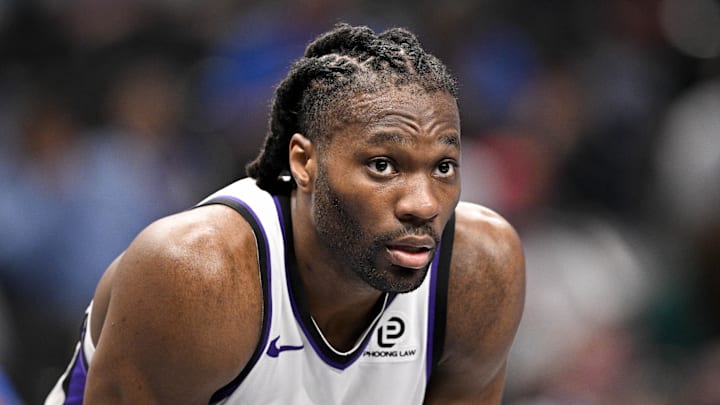Feb 26, 2026; Dallas, Texas, USA; Sacramento Kings forward Precious Achiuwa (9) looks on during the second half against the Dallas Mavericks at the American Airlines Center. Mandatory Credit: Jerome Miron-Imagn Images