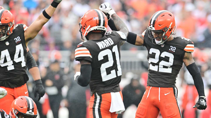 Sep 10, 2023; Cleveland, Ohio, USA; Cleveland Browns cornerback Denzel Ward (21) and safety Grant Delpit (22) celebrate after a third down stop during the first half against the Cleveland Browns at Cleveland Browns Stadium.