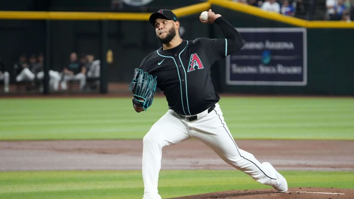 Sep 2, 2024; Phoenix, Arizona, USA; Arizona Diamondbacks pitcher Eduardo Rodriguez (57) pitches against the Los Angeles Dodgers during the first inning at Chase Field. Mandatory Credit: Joe Camporeale-USA TODAY Sports