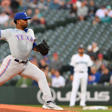 Sep 12, 2024; Seattle, Washington, USA; Texas Rangers starting pitcher Kumar Rocker (80) pitches to the Seattle Mariners during the first inning at T-Mobile Park.