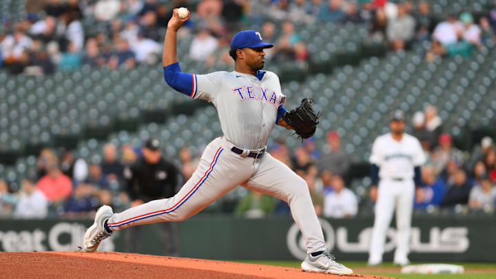 Sep 12, 2024; Seattle, Washington, USA; Texas Rangers starting pitcher Kumar Rocker (80) pitches to the Seattle Mariners during the first inning at T-Mobile Park.