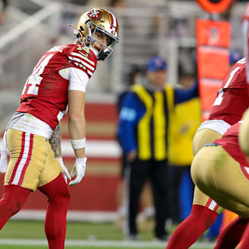 Dec 30, 2024; Santa Clara, California, USA; San Francisco 49ers wide receiver Ricky Pearsall (14) during the game against the Detroit Lions at Levi's Stadium. Mandatory Credit: Sergio Estrada-Imagn Images