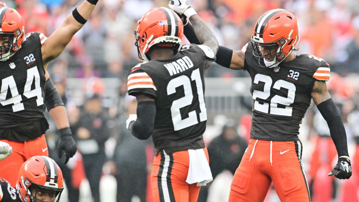 Sep 10, 2023; Cleveland, Ohio, USA; Cleveland Browns cornerback Denzel Ward (21) and safety Grant Delpit (22) celebrate after a third down stop during the first half against the Cleveland Browns at Cleveland Browns Stadium. Mandatory Credit: Ken Blaze-USA TODAY Sports