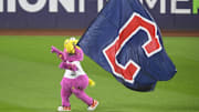Sep 23, 2025; Cleveland, Ohio, USA; Cleveland Guardians mascot Slider celebrates after a win over the Detroit Tigers at Progressive Field. Mandatory Credit: David Richard-Imagn Images