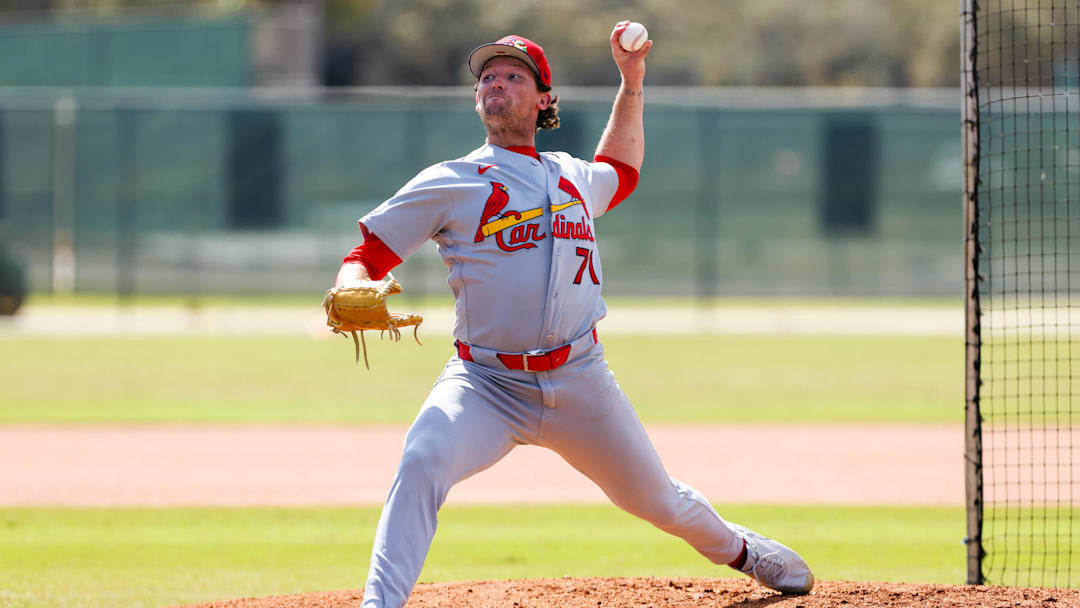 Feb 14, 2026; Jupiter, FL, USA; St. Louis Cardinals pitcher Packy Naughton (71) delivers a pitch during a spring training workout at Roger Dean Chevrolet Stadium. Mandatory Credit: Sam Navarro-Imagn Images Feb 14, 2026; Jupiter, FL, USA; St. Louis Cardinals pitcher Packy Naughton (71) delivers a pitch during a spring training workout at Roger Dean Chevrolet Stadium. Mandatory Credit: Sam Navarro-Imagn Images