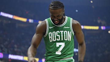 Feb 4, 2025; Cleveland, Ohio, USA; Boston Celtics guard Jaylen Brown (7) reacts in the first quarter against the Cleveland Cavaliers at Rocket Mortgage FieldHouse. Mandatory Credit: David Richard-Imagn Images