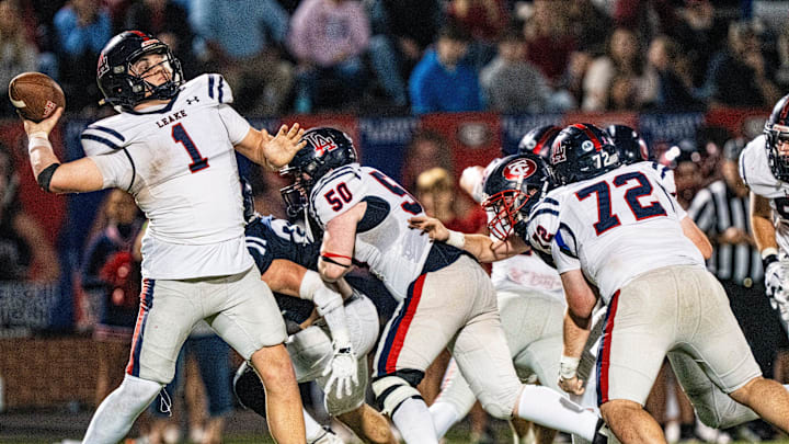 Leake Academy quarterback George Wilcox (1) passes the ball during a MAIS 3A Division I championship football game between Leake Academy and Tri-County Academy at the Brickyard in Jackson, Miss., on Thursday, Nov. 20, 2025. Leake Academy defeated Tri-County Academy, 25-24.