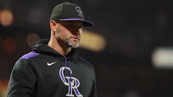 Sep 26, 2025; San Francisco, California, USA; Colorado Rockies interim manager Warren Schaeffer (34) walks to the dugout after speaking with the home plate umpire after the bottom of the third inning against the San Francisco Giants at Oracle Park. 