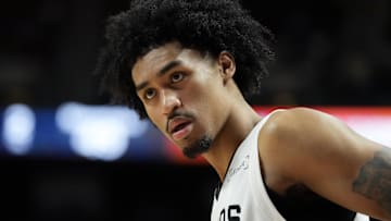 Jul 12, 2025; Las Vegas, NV, USA; San Antonio Spurs guard Dylan Harper (2) looks on in the third quarter of their game against the Dallas Mavericks at Thomas & Mack Center. Mandatory Credit: Candice Ward-Imagn Images