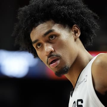 Jul 12, 2025; Las Vegas, NV, USA; San Antonio Spurs guard Dylan Harper (2) looks on in the third quarter of their game against the Dallas Mavericks at Thomas & Mack Center. Mandatory Credit: Candice Ward-Imagn Images