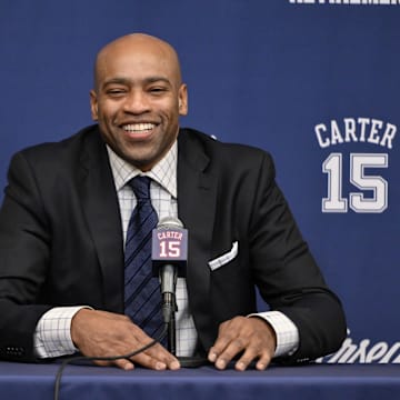Vince Carter speaks before his jersey retirement.