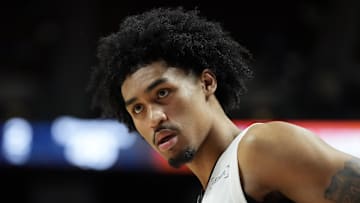 Jul 12, 2025; Las Vegas, NV, USA; San Antonio Spurs guard Dylan Harper (2) looks on in the third quarter of their game against the Dallas Mavericks at Thomas & Mack Center.
