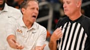 USC head coach Eric Musselman pleads his case to the referee shortly after receiving a technical foul while his team played Saint Mary
's College during the 2024 Acrisure Mens Invitational in Palm Desert, Calif., Nov. 28, 2024.