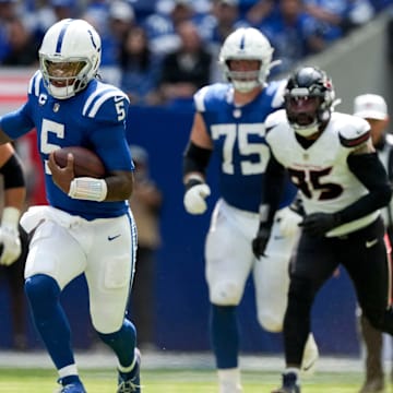 Indianapolis Colts quarterback Anthony Richardson (5) rushes the ball Sunday, Sept. 8, 2024, during a game against the Houston Texans at Lucas Oil Stadium in Indianapolis.