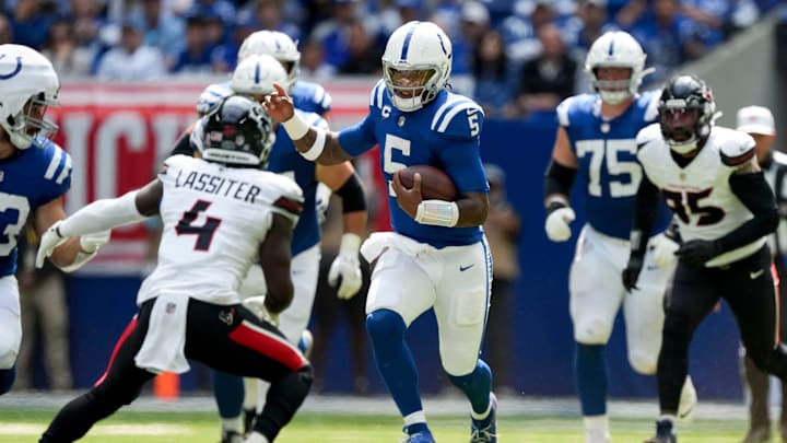 Indianapolis Colts quarterback Anthony Richardson (5) rushes the ball Sunday, Sept. 8, 2024, during a game against the Houston Texans at Lucas Oil Stadium in Indianapolis.