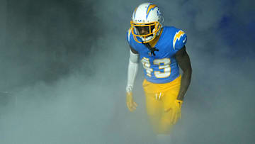 Dec 23, 2023; Inglewood, California, USA; Los Angeles Chargers cornerback Michael Davis (43) enters the field before the game against the Buffalo Bills at SoFi Stadium. Mandatory Credit: Kirby Lee-Imagn Images